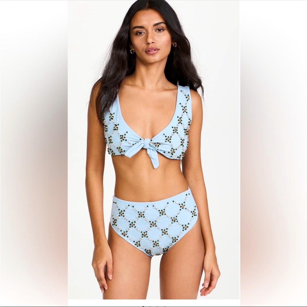 Oceanus Maya Swarovski Crystal Hand Embroidery Two Piece Bikini Set- Light blue